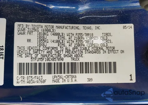 2014 Toyota Tundra Sr 4.6L V8 z USA, uszkodzony, nr VIN 5TFUM5F10EX057090